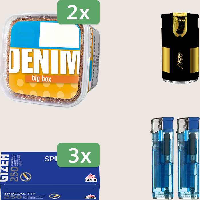 Denim Classic 2 x 160 g Sparpaket mit 750 Gizeh Special Tip Hülsen und Feuerzeugset