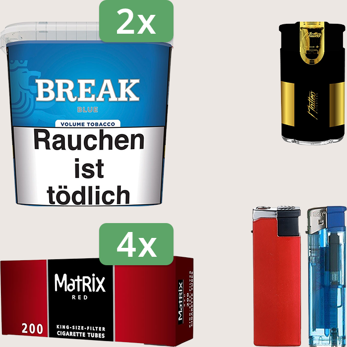 Break Blue 2 x 195 g Sparpaket mit 800 Matrix Red Hülsen und Feuerzeugset