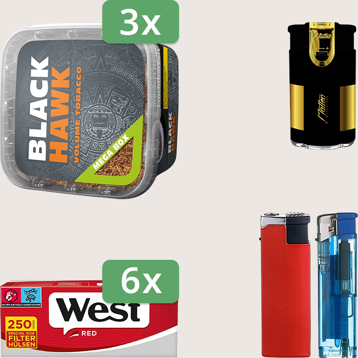 Black Hawk 3 x 230 g mit 1.500 West Red Special Size Hülsen und Feuerzeugset