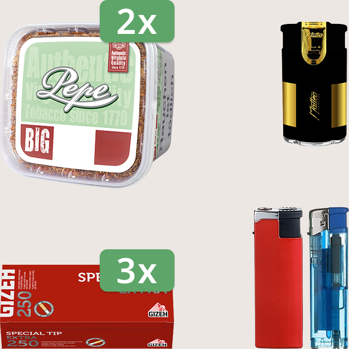 Pepe Bright Green 2 x 170 g Sparpaket mit 750 Gizeh Special Tip Extra Hülsen und Feuerzeugset