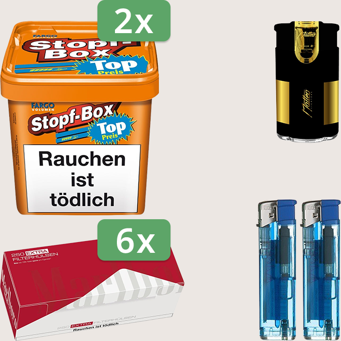 Fargo Stopfbox 2 x 400 g Sparpaket mit 1.500 Marlboro Red Extra Hülsen und Feuerzeugset