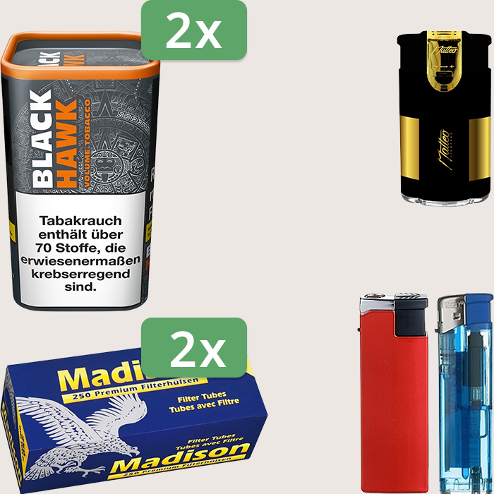 Black Hawk 2 x 90 g Sparpaket mit 500 Madison Hülsen und Feuerzeugset