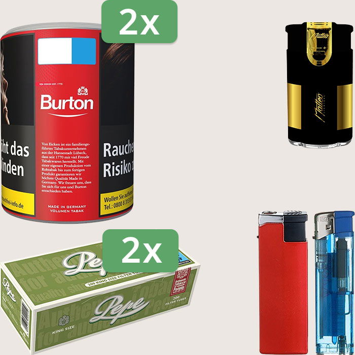 Burton Full Red 2 x 65 g Sparpaket mit 400 Pepe Hülsen und Feuerzeugset