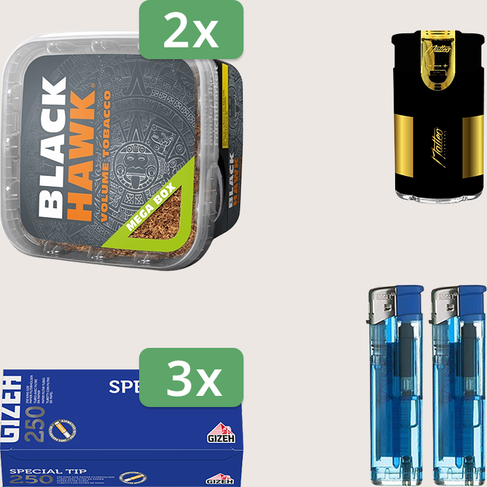 Black Hawk 2 x 230 g Sparpaket mit 750 Gizeh Special Tip Hülsen und Feuerzeugset Black Hawk 2 x 230 g Sparpaket mit 750 Gizeh Special Tip Hülsen und Feuerzeugset