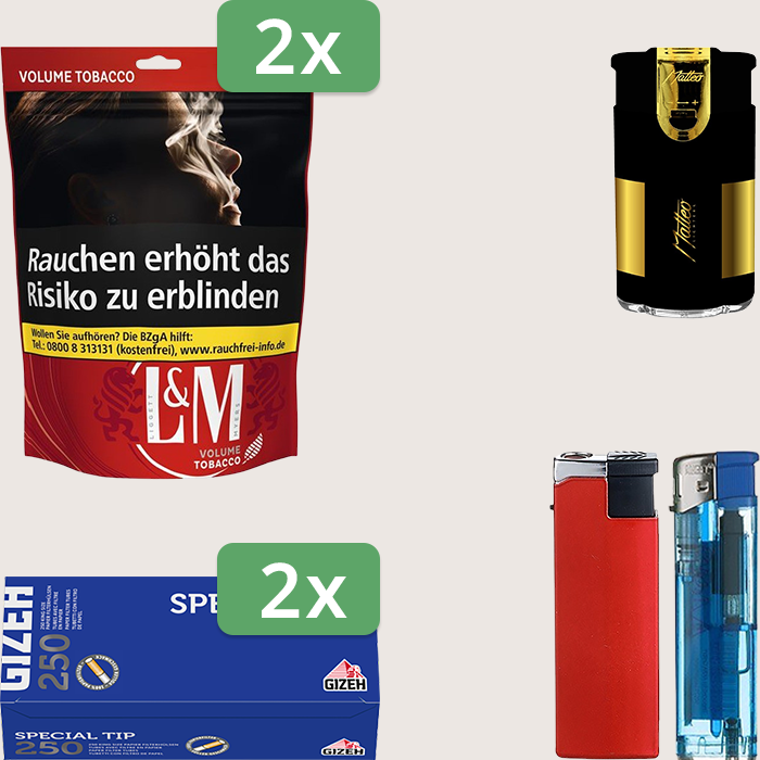 L&M Red 2 x 85 g Sparpaket mit 500 Gizeh Special Tip Hülsen und Feuerzeugset