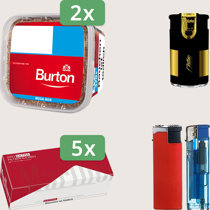 Burton Full Red 2 x 270 g mit 1.250 Marlboro Red Extra Hülsen und Elektrofeuerzeug