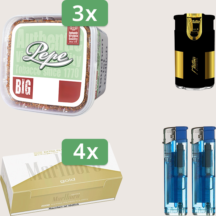 Pepe Bright Green 3 x 170 g Sparpaket mit 1.000 Marlboro Gold Extra Hülsen und Feuerzeugset