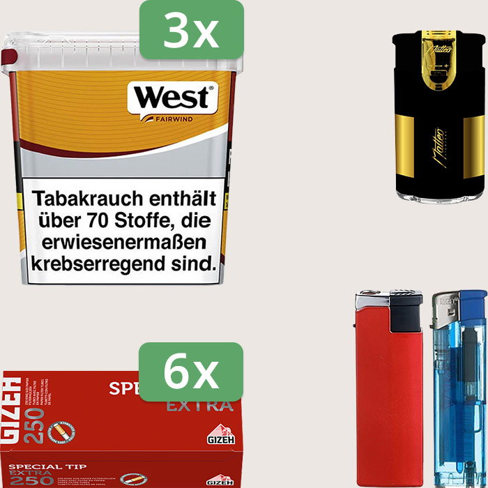 West Yellow 3 x 235 g Sparpaket mit 1.500 Gizeh Special Tip Extra Hülsen und Feuerzeugset