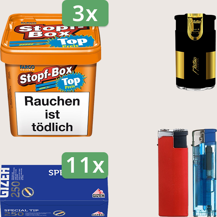 Fargo Stopfbox 3 x 400 g Sparpaket mit 2.750 Gizeh Special Tip Hülsen und Feuerzeugset