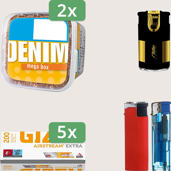 Denim Classic 2 x 220 g Sparpaket mit 1.000 Gizeh Airstream Extra Hülsen und Feuerzeugset