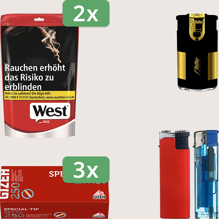 West Red 2 x 137 g Sparpaket mit 750 Gizeh Special Tip Extra Hülsen und Feuerzeugset