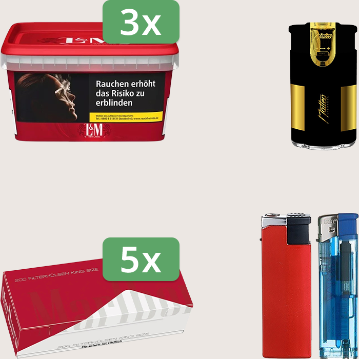 L&M Red 3 x 129 g Sparpaket mit 1.000 Marlboro Red Hülsen und Feuerzeugset