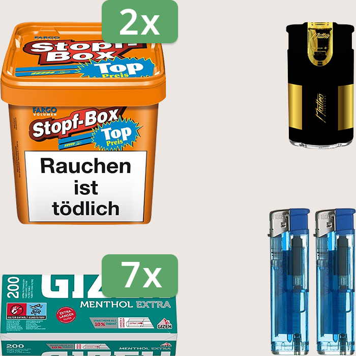 Fargo Stopfbox 2 x 400 g Sparpaket mit 1.400 Gizeh Menthol Extra Hülsen und Feuerzeugset
