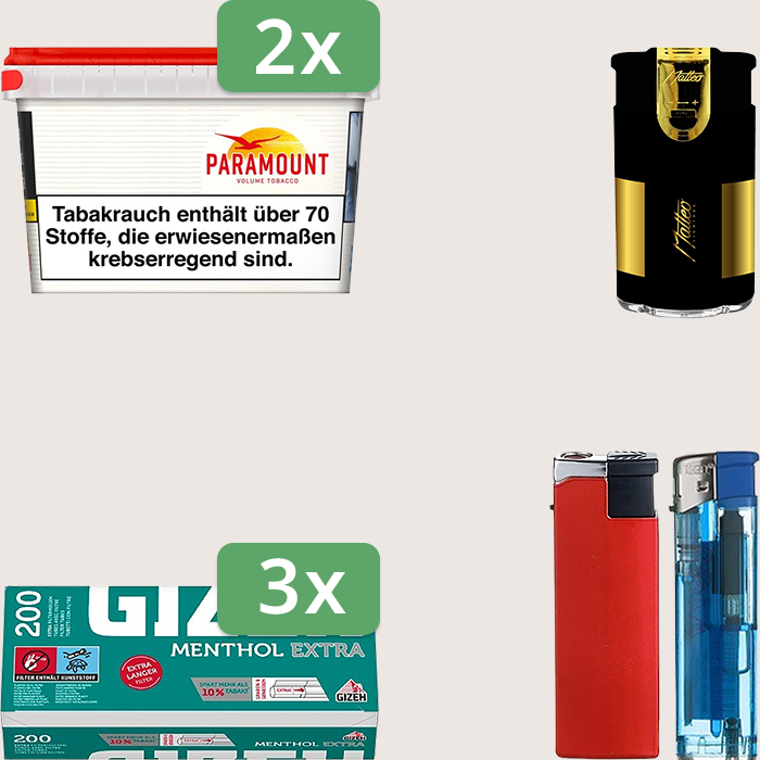 Paramount 2 x 125 g Sparpaket mit 600 Gizeh Menthol Extra Hülsen und Feuerzeugset