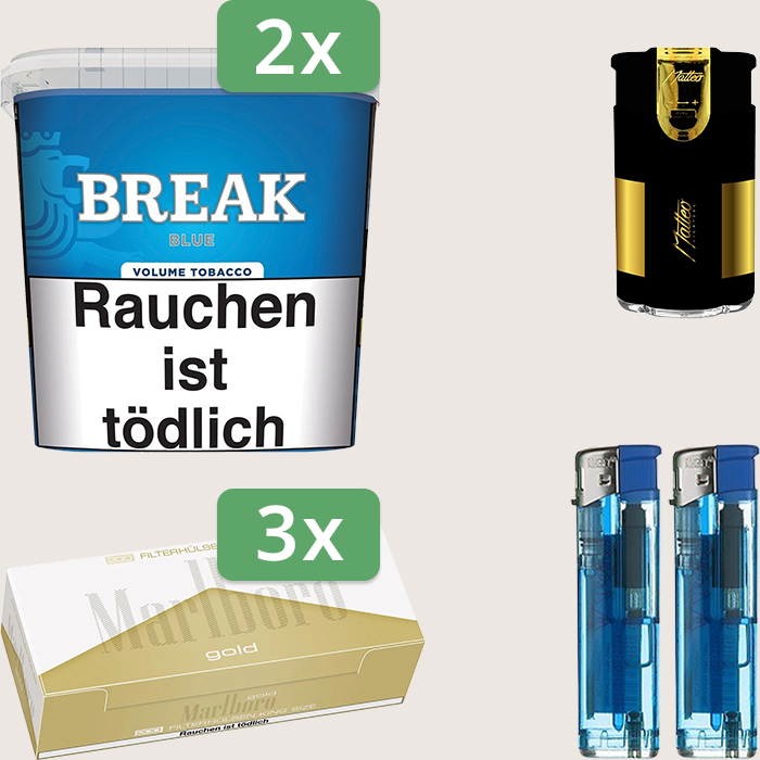 Break Blue 2 x 185 g Sparpaket mit 600 Marlboro Gold Hülsen und Feuerzeugset