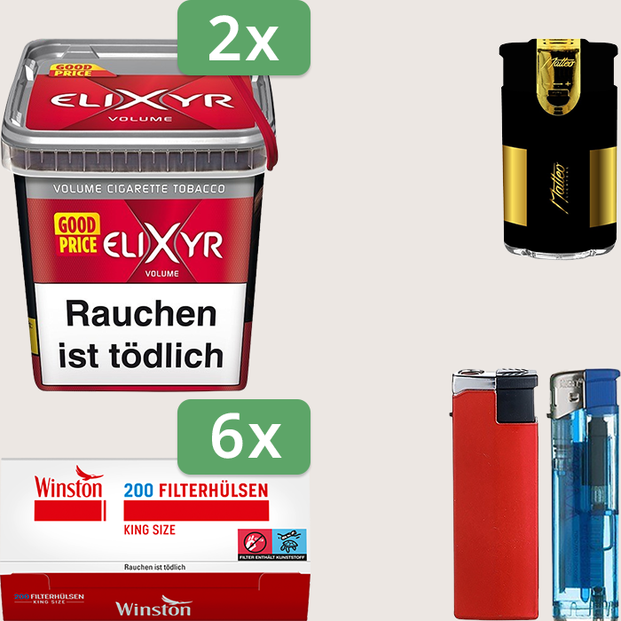 Elixyr Red 2 x 245 g Sparpaket mit 1.200 Winston Hülsen und Feuerzeugset
