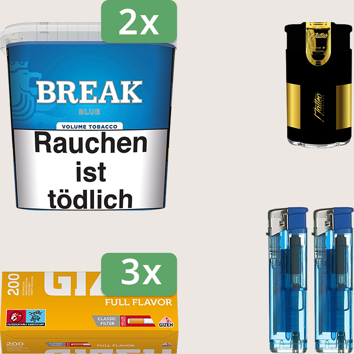 Break Blue 2 x 185 g Sparpaket mit 600 Gizeh Full Flavor Hülsen und Feuerzeugset