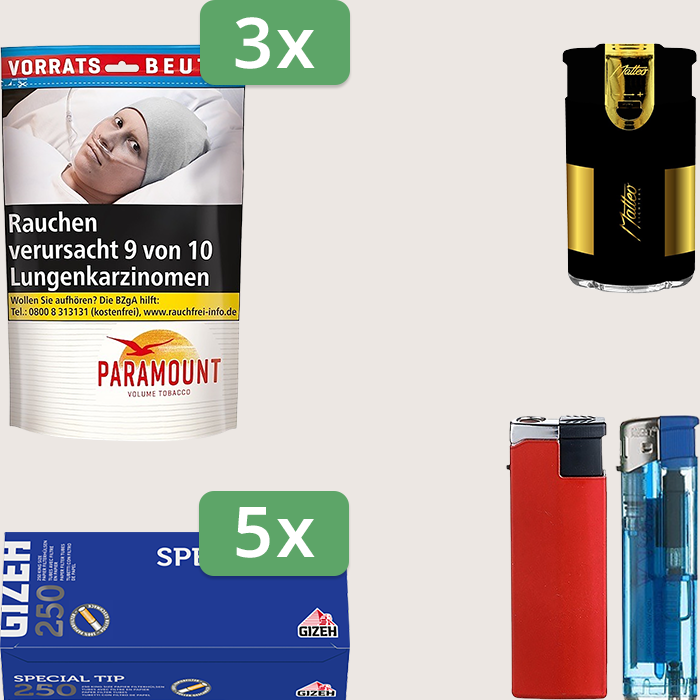 Paramount 3 x 185 g mit 1.250 Gizeh Special Tip Hülsen und Feuerzeugset