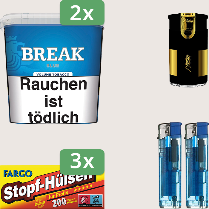 Break Blue 2 x 185 g Sparpaket mit 600 Fargo Stopfhülsen und Feuerzeugset