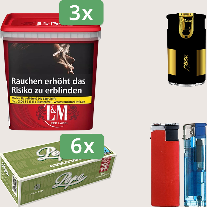 L&M Red 3 x 185 g Sparpaket mit 1.200 Pepe Hülsen und Feuerzeugset