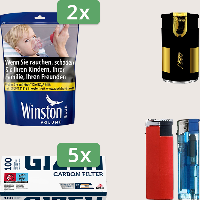 Winston Blue 2 x 100 g Sparpaket mit 500 Gizeh Carbon Hülsen und Feuerzeugset Winston Blue 2 x 100 g Sparpaket mit 500 Gizeh Carbon Hülsen und Feuerzeugset