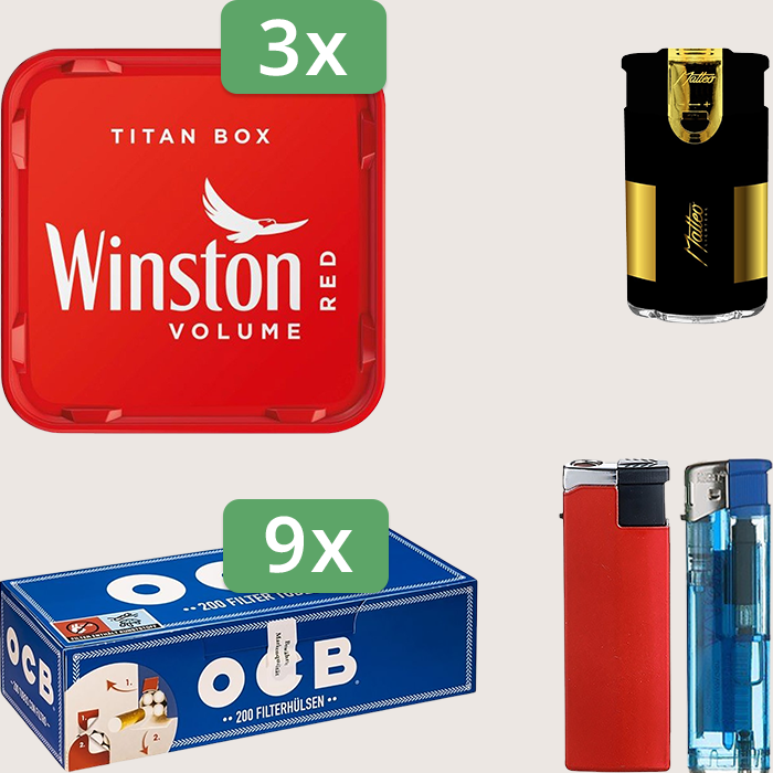 Winston Red 3 x 250 g Sparpaket mit 1.800 OCB Hülsen und Feuerzeugset
