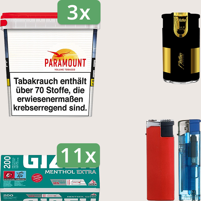 Paramount 3 x 315 g Sparpaket mit 2.200 Gizeh Menthol Extra Hülsen und Feuerzeugset Paramount 3 x 315 g Sparpaket mit 2.200 Gizeh Menthol Extra Hülsen und Feuerzeugset