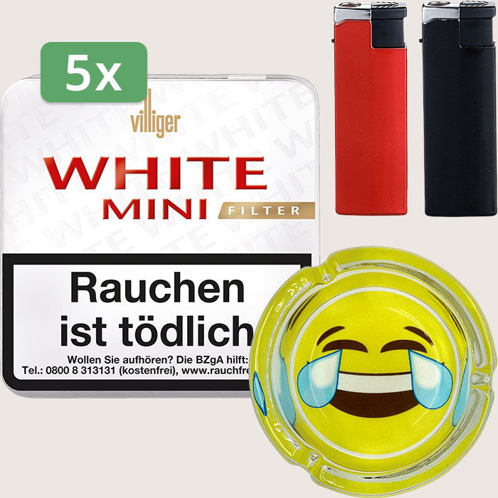 Villiger White Mini Filter 5 x 5,71 € Sparpaket mit 100 Zigarillos, Aschenbecher und Feuerzeugset