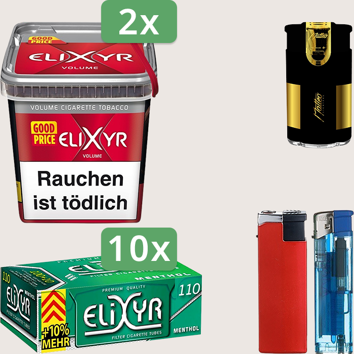 Elixyr Red 2 x 260 g Sparpaket mit 1.100 Energy+ Hülsen und Feuerzeugset
