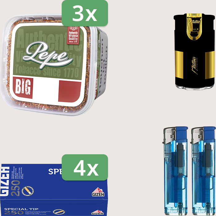 Pepe Rich Green 3 x 170 g Sparpaket mit 1.000 Gizeh Special Tip Hülsen und Feuerzeugset Pepe Rich Green 3 x 170 g Sparpaket mit 1.000 Gizeh Special Tip Hülsen und Feuerzeugset