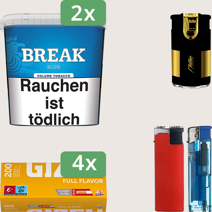 Break Blue 2 x 195 g Sparpaket mit 800 Gizeh Full Flavor Hülsen und Feuerzeugset