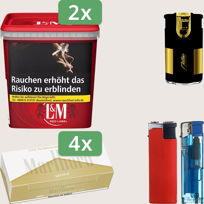 L&M Red 2 x 185 g Sparpaket mit 800 Marlboro Gold Hülsen und Feuerzeugset
