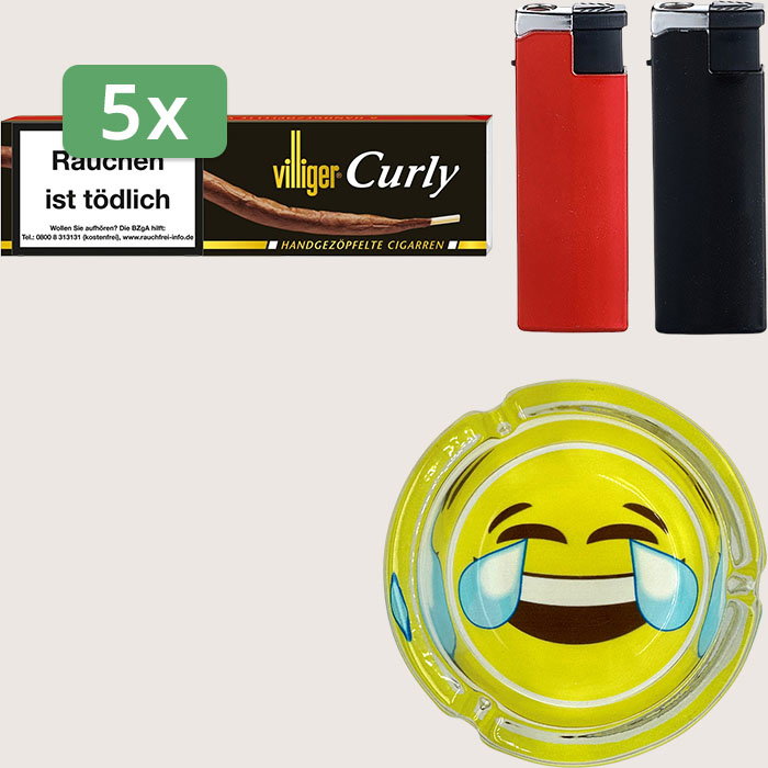 Villiger Curly 5 x 7,26 € Sparpaket mit 30 Zigarillos, Aschenbecher und Feuerzeugset
