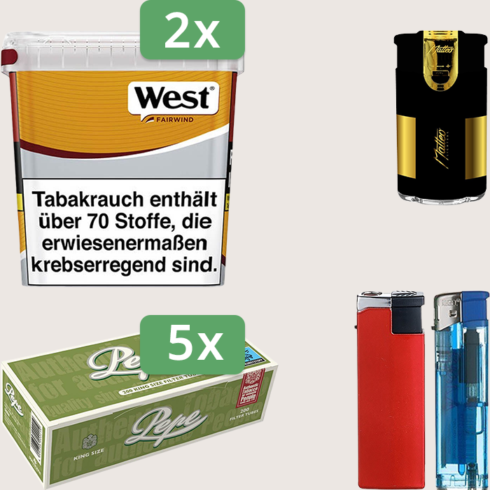 West Yellow 2 x 235 g Sparpaket mit 1.000 Pepe Hülsen und Feuerzeugset