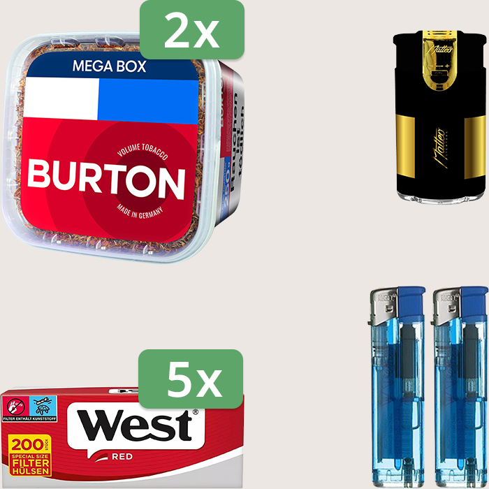 Burton Full Red 2 x 270 g Sparpaket mit 1.000 West Red Hülsen und Feuerzeugset Burton Full Red 2 x 270 g Sparpaket mit 1.000 West Red Hülsen und Feuerzeugset