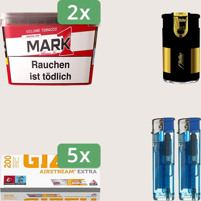 Mark 1 Original Red 2 x 255 g Sparpaket mit 1.000 Gizeh Airstream Extra Hülsen und Feuerzeugset