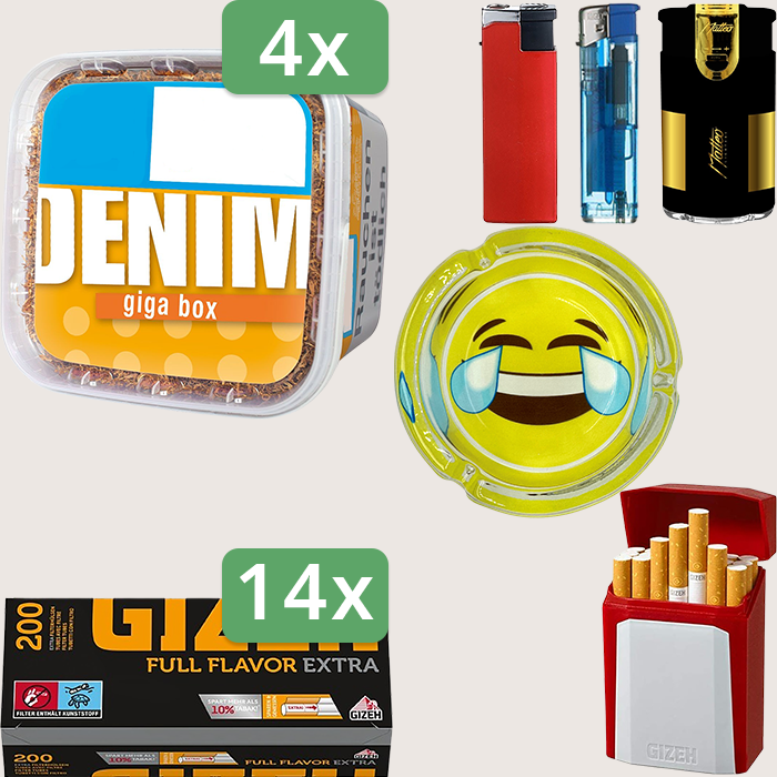 Denim Classic 4 x 315 g Sparpaket mit 2.800 Gizeh Full Flavor Extra Hülsen, Aschenbecher und Gizeh Flip Case