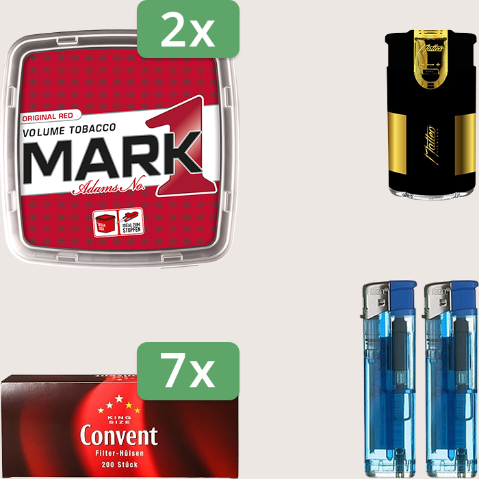 Mark 1 Original Red 2 x 400 g Sparpaket mit 1.400 Convent Hülsen und Feuerzeugset Mark 1 Original Red 2 x 400 g Sparpaket mit 1.400 Convent Hülsen und Feuerzeugset