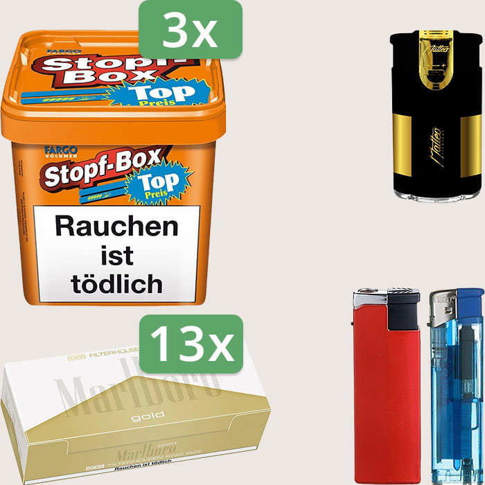 Fargo Stopfbox 3 x 400 g Sparpaket mit 2.600 Marlboro Gold Hülsen und Feuerzeugset