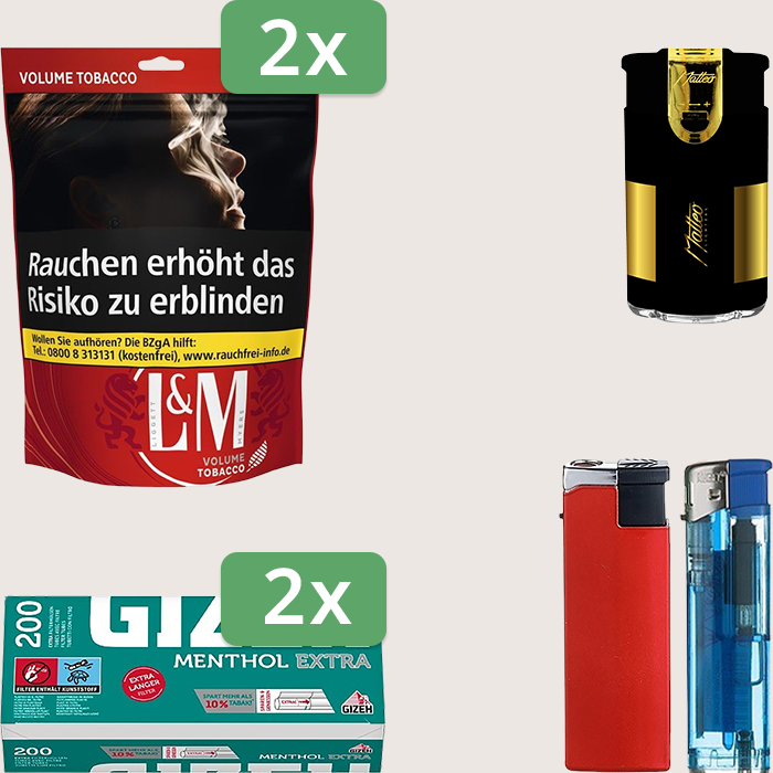 L&M Red 2 x 85 g Sparpaket mit 400 Gizeh Menthol Extra Hülsen und Feuerzeugset