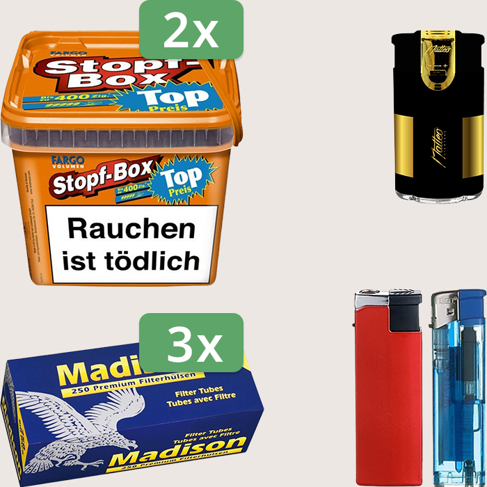 Fargo Stopfbox 2 x 155 g Sparpaket mit 750 Madison Hülsen und Feuerzeugset