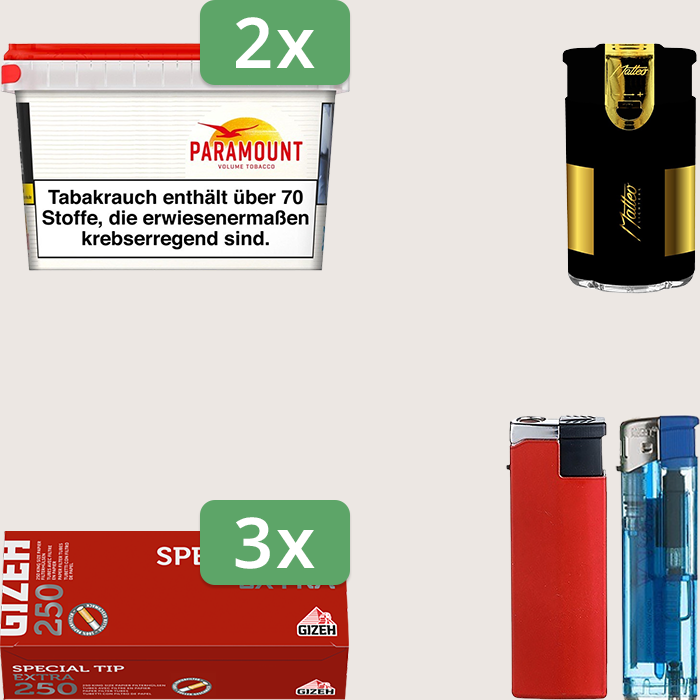 Paramount 2 x 125 g Sparpaket mit 750 Gizeh Special Tip Extra Hülsen und Feuerzeugset
