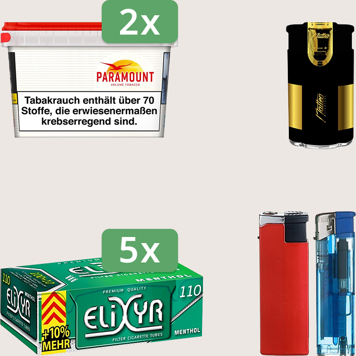 Paramount 2 x 125 g Sparpaket mit 550 Energy+ Menthol Hülsen und Feuerzeugset