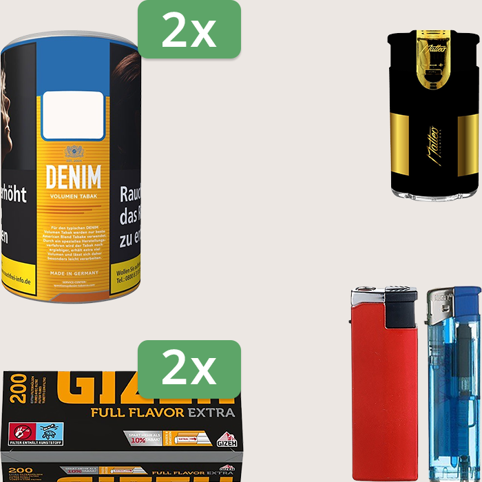 Denim Classic 2 x 90 g mit 400 Gizeh Full Flavor Extra Hülsen und Feuerzeugset