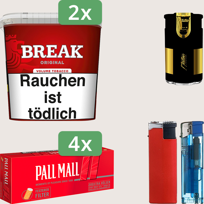 Break Original 2 x 195 g Sparpaket mit 800 Pall Mall Red Xtra Hülsen und Feuerzeugset