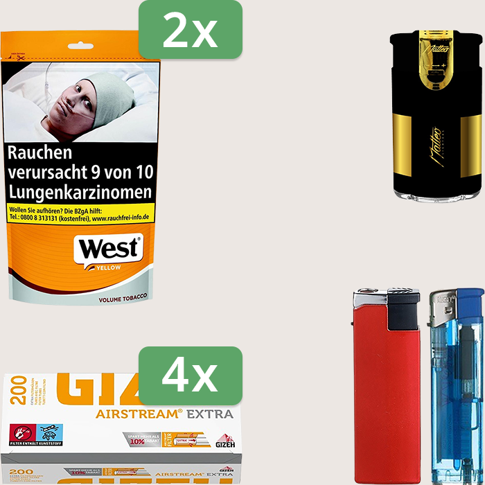 West Yellow 2 x 155 g Sparpaket mit 800 Gizeh Airstream Extra Hülsen und Feuerzeugset