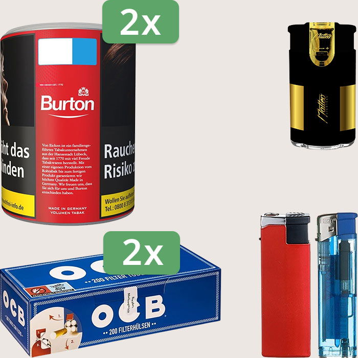 Burton Full Red 2 x 65 g Sparpaket mit 400 OCB Hülsen und Feuerzeugset