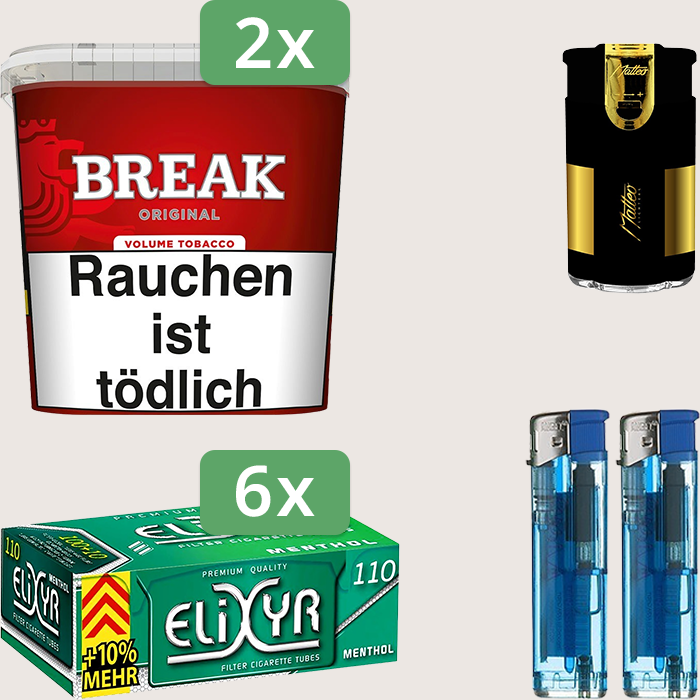 Break Original 2 x 185 g Sparpaket mit 660 Elixyr Energy Plus Menthol Hülsen und Feuerzeugset