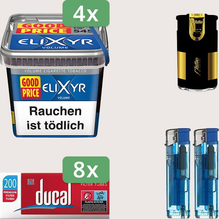 Elixyr Volume Blue 4 x 245 g Sparpaket mit 1.600 Ducal Hülsen und Feuerzeugset Elixyr Volume Blue 4 x 245 g Sparpaket mit 1.600 Ducal Hülsen und Feuerzeugset