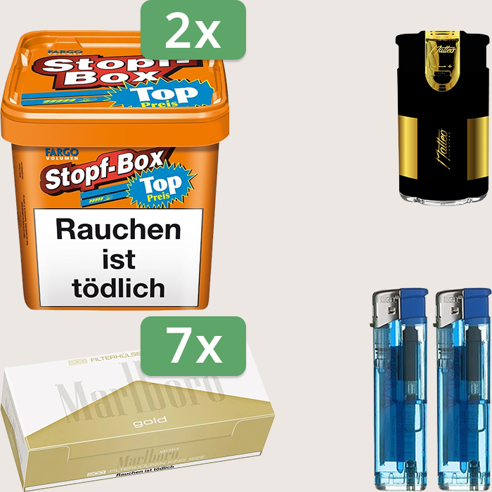 Fargo Stopfbox 2 x 400 g Sparpaket mit 1.400 Marlboro Gold Hülsen und Feuerzeugset Fargo Stopfbox 2 x 400 g Sparpaket mit 1.400 Marlboro Gold Hülsen und Feuerzeugset
